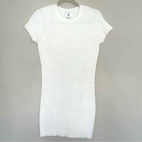 Anine Bing Skylar Ivory Ribbed Knit Mini Dress M Pullover Stretch Short Sleeve - Picture 4 of 7